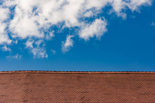 istock Red roof on cloudy sky 1409124118