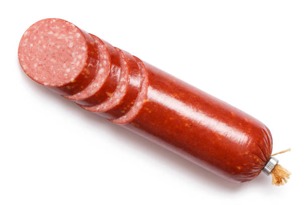 istock Sliced salami smoked sausage on white 1409125496