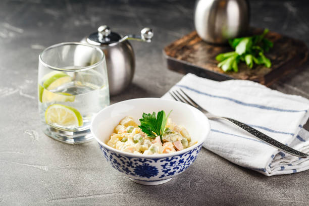 Dinner table with different dishes, set menu for nutritious healthy lunch in restaurant, business lunch