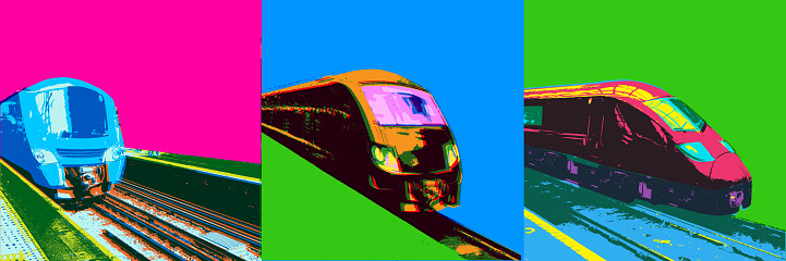 Posterised or Pop Art styled of rail travel concept. train, locomotive, high speed train, bullet train, transport, Picket,