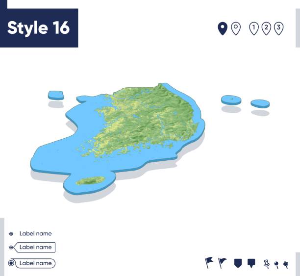 istock South Korea - map with shaded relief, land cover, rivers, mountains. Biome map with shadow. 1409128045