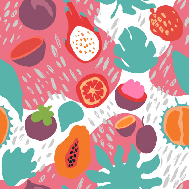 スカンジナビアスタイルのミニマルな夏のトレンディなベクタータイルシームレスパターン。エキゾチックなフルーツスライス、植物の葉、抽象的な要素。分離された印刷のためのテキスタ� - mangosteen fruit tropical fruit backgrounds点のイラスト素材／クリップアート素材／マンガ素材／アイコン素材