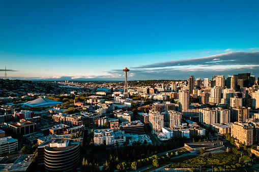 Aerial view on city at sunset