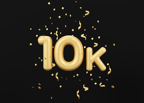 10000 followers card with golden confetti on black background. Banner for social network, blog. 10k followers, likes celebration. Social media achievement poster. Ten thousand subscriber. 3d render