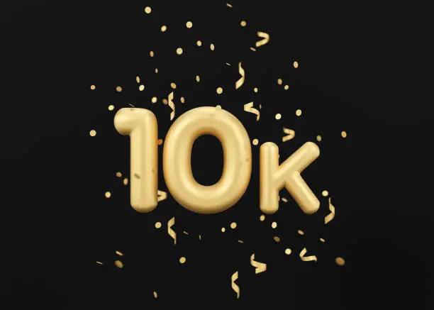 Photo of 10000 followers card with golden confetti on black background. Banner for social network, blog. 10k followers, likes celebration. Social media achievement poster. Ten thousand subscriber. 3d render.