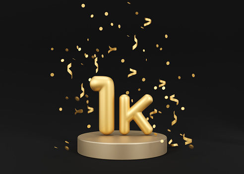 1000 followers card with golden confetti on black background. Banner for social network, blog. 1k followers or likes celebration. Social media achievement poster. One thousand subscriber. 3d render