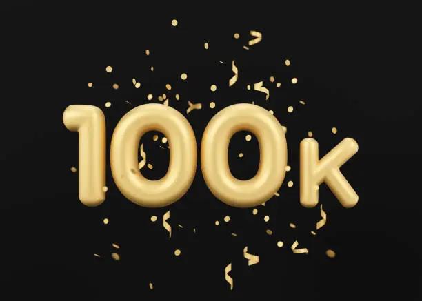 Photo of 100000 followers card with golden confetti on black background. Banner for social network, blog. 100k followers or likes celebration. Social media achievement poster. 3d rendering.