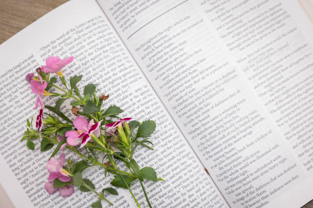 istock Pink flowers on open bible 1409131090