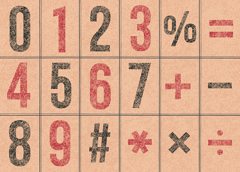 Vector weathered old numbers. Black and red stamped numbers and mathematical symbols on a recycled cardboard textured background.