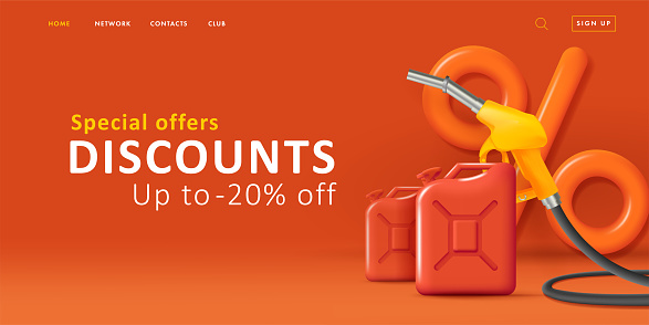 Sale discpunt web banner with 3d tender illustration of big percent symbol with oil cans and gas gun, sdvertising on red, for gass station
