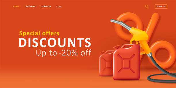 Sale discpunt web banner with 3d tender illustration of big percent symbol with oil cans and gas gun, for gass station Sale discpunt web banner with 3d tender illustration of big percent symbol with oil cans and gas gun, sdvertising on red, for gass station fossil fuel stock illustrations