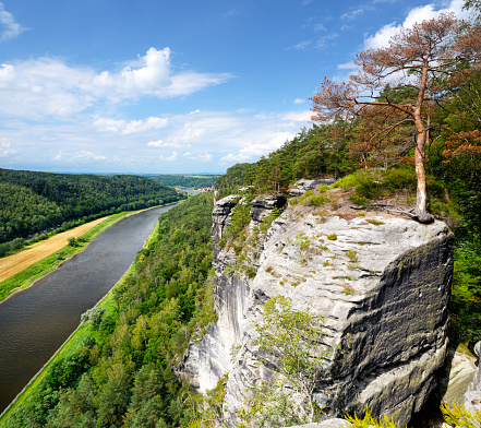 Panoramic view of the Elbsandstein Mountains and Elbe river in Saxon Switzerland, Germany. Composite photo