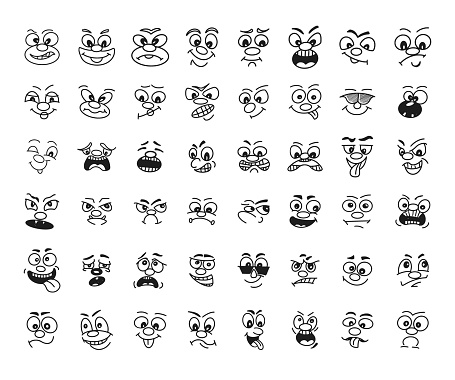 Emoji doodles set, face emotions, smileys. Vector illustration.