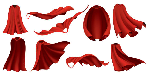 Superhero red capes. Carnival masquerade dress, 3d realistic costume design. Scarlet fabric silk cloak in different position, front, side and top view. Flying Mantle costume Superhero red capes. Carnival masquerade dress, 3d realistic costume design. Scarlet fabric silk cloak in different position, front, side and top view. Flying Mantle costume. cape garment stock illustrations