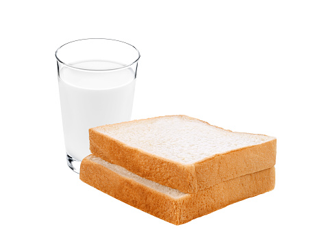 Glass fresh milk with sliced bread isolated on white background.