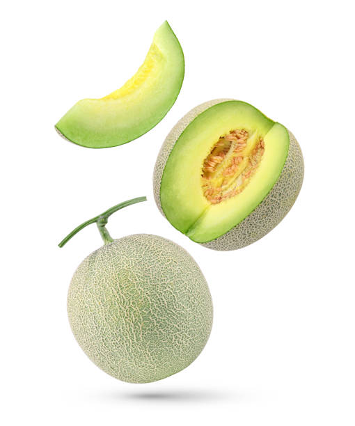 istock Whole fresh cantaloupe melon with sliced falling in the air isolated on white 1409135818