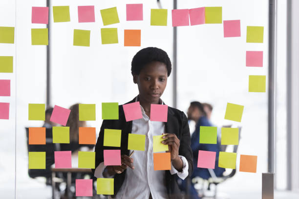 istock African woman attaching sticky notes on transparent wall in boardroom 1409137560