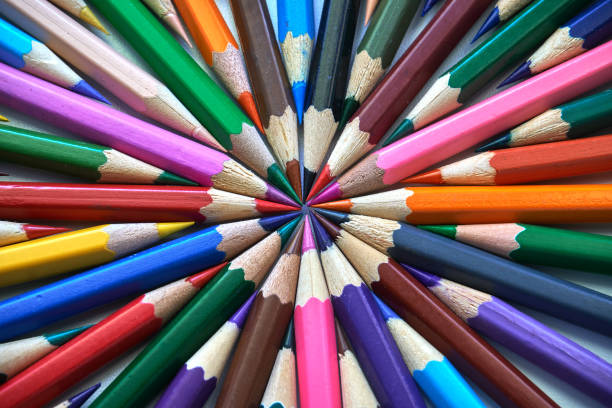 istock Colored pencils for drawing and coloring, on a white background. Figures made of colored pencils, stationery, school supplies 1409138165