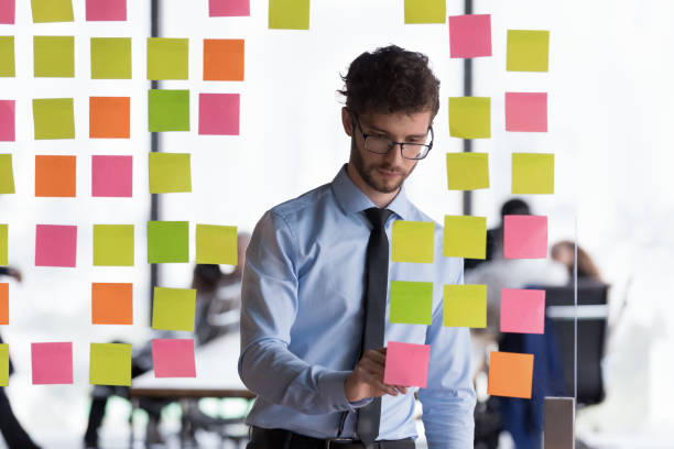 istock Millennial serious businesswoman standing in office writes on sticky notes 1409139864