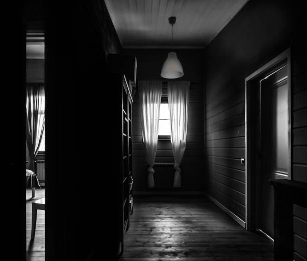 Contemporary dark black home entry hall with doorway and bright window light. 3d render. Contemporary loft lifestyle concept.