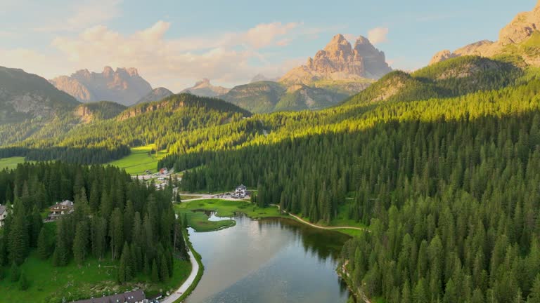 Aerial Drone Beautiful Sunset Scene at lake Misurina in Dolomites