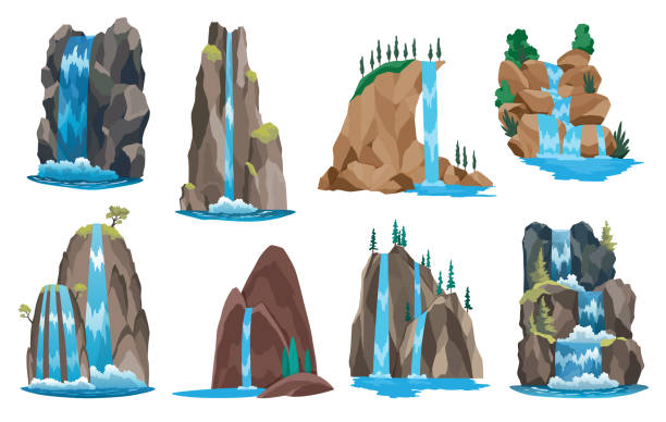 ilustrações de stock, clip art, desenhos animados e ícones de waterfalls set. cartoon landscapes with mountains and tree. river falls from cliff on white background. picturesque tourist attraction with clear water - waterfall cartoon tropical rainforest vector