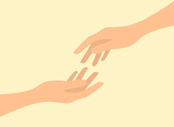 Vector illustration of Two hands reach towards each other. Support and helping hand concept. Vector illustration
