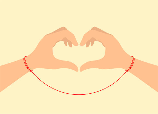 ilustrações de stock, clip art, desenhos animados e ícones de two hands tied with the red thread of fate showing a heart sign. vector illustration - fado