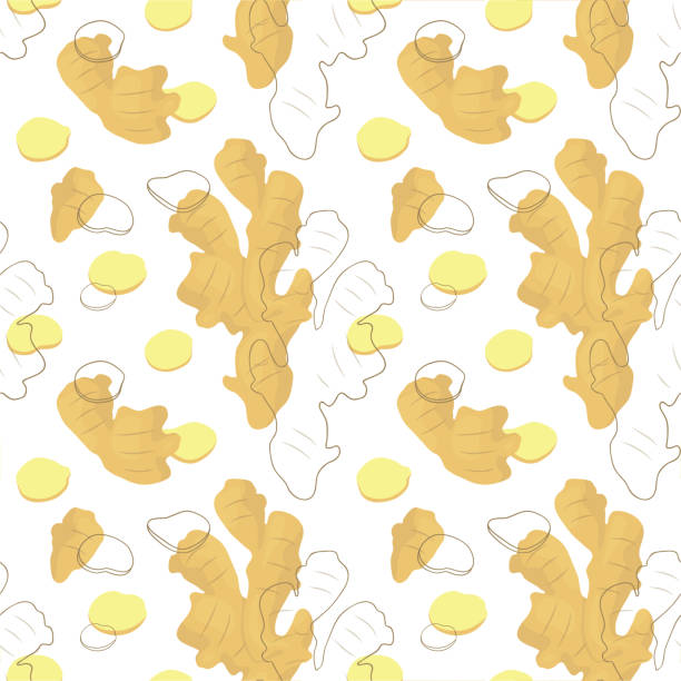 Seamless vector pattern background of ginger root made of simple illustrations. repetitive vector pattern background made of basic ginger root illustrations. ginger ground spice root stock illustrations