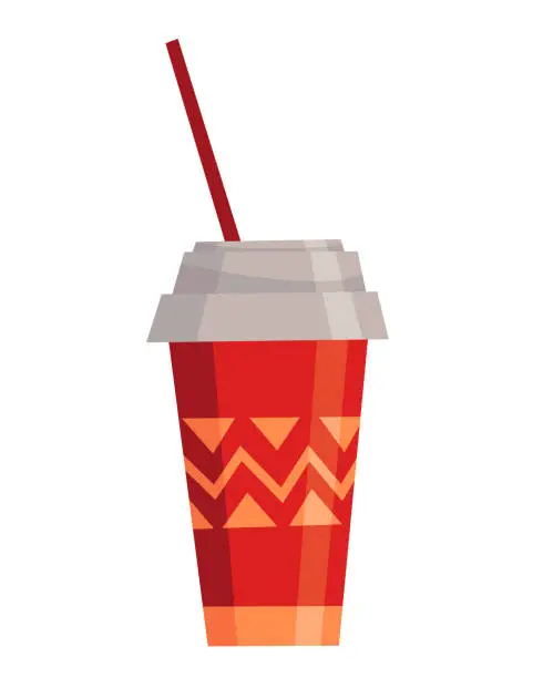 Vector illustration of Cinema icon of drink in plastic cup with tube. Movie industry object. Design element for movie theater or theme of cinema. Isolated sticker