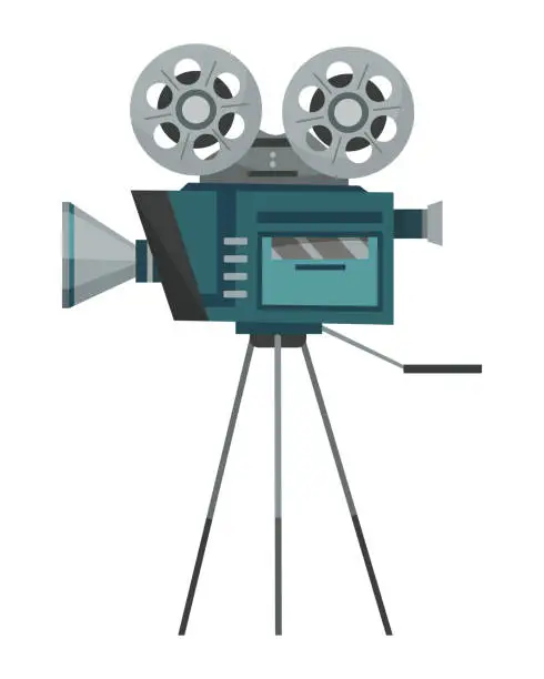 Vector illustration of Cinema icon of retro camcorder. Movie industry object. Design element for movie theater or theme of cinema. Isolated sticker