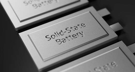 Solid-State Battery for EV Electric Vehicle, new research and development batteries with solid electrolyte energy storage for automotive car industry