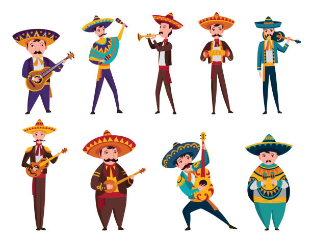 illustrations, cliparts, dessins animés et icônes de personnages mexicains. musiciens de groupe de musique mariachi en vêtements sombres traditionnels et sombreros jouant sur un instrument de musique typique comme la guitare, l’accordéon, les maracas, le tube - hat band