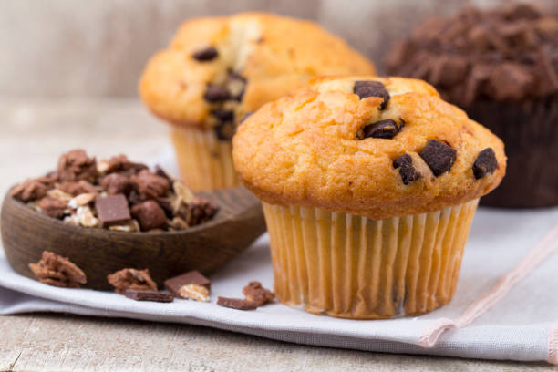 istock Homemade muffins with chocolate, vintage background. 1409146379