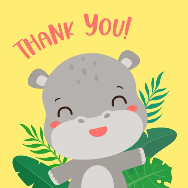 Vector illustration of Safari birthday card with cute hippopotamus kawaii style.
