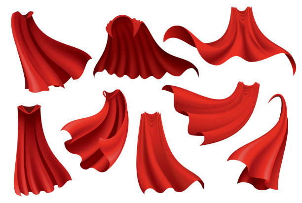 istock Superhero red capes. Scarlet fabric silk cloak in different position, front and side view. Carnival masquerade dress, realistic costume design. Flying Mantle costumes 1409147141