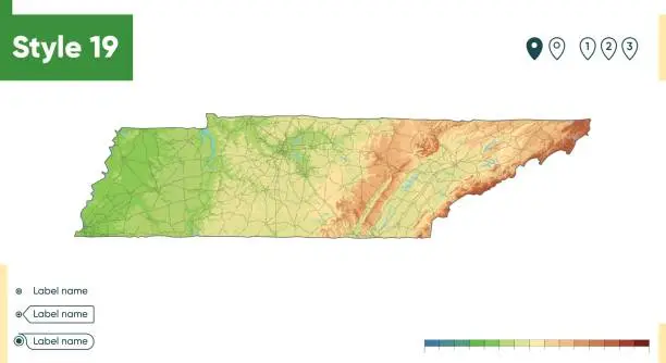 Vector illustration of Tennessee, USA - high detailed physical map. Vector map. Dem map.