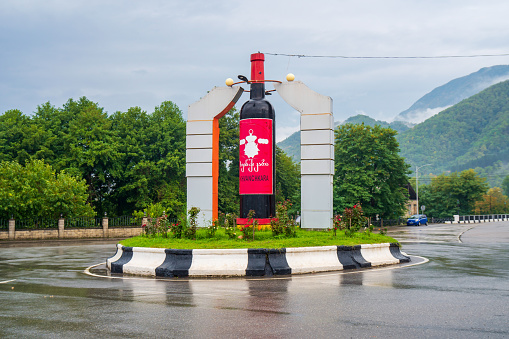 Ambrolauri, Georgia - 3 October, 2021: Monument of Georgian wine Khvanchkara, one of the most popular Georgian wine