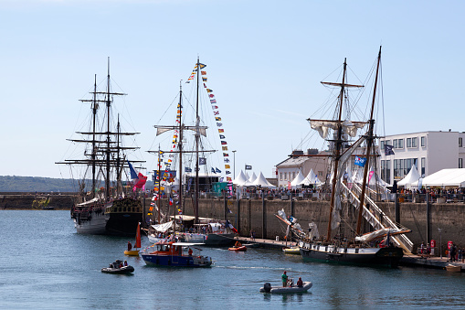Brest, France - July 14 2022: The Étoile du Roy, Belle poule and La Recouvrance moored at the Quai du Commandant Malbert during the Brest maritime festivals.