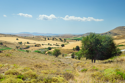 The rural farmland and countryside on the island of Lemnos in Greece. The Aegean Sea is in the distant background.