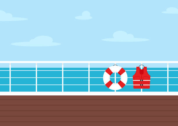 blick auf das deck des kreuzfahrtschiffes. clipart-illustration. rettungsring und schwimmweste cartoon vektor. vector flat style farbige illustration von lifebuoy und life jacke auf blauem hintergrund. - life belt water floating on water buoy stock-grafiken, -clipart, -cartoons und -symbole