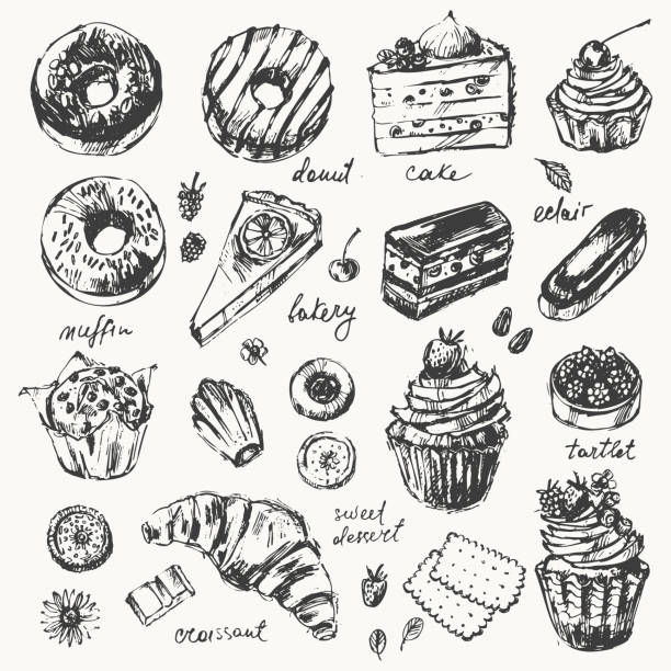 illustrazioni stock, clip art, cartoni animati e icone di tendenza di schizzo disegnato a mano di torta da dessert di pasticceria, muffin, ciambella, waffle, eclaire, croissant, cupcake, crostata, biscotto - coffee muffin take out food disposable cup