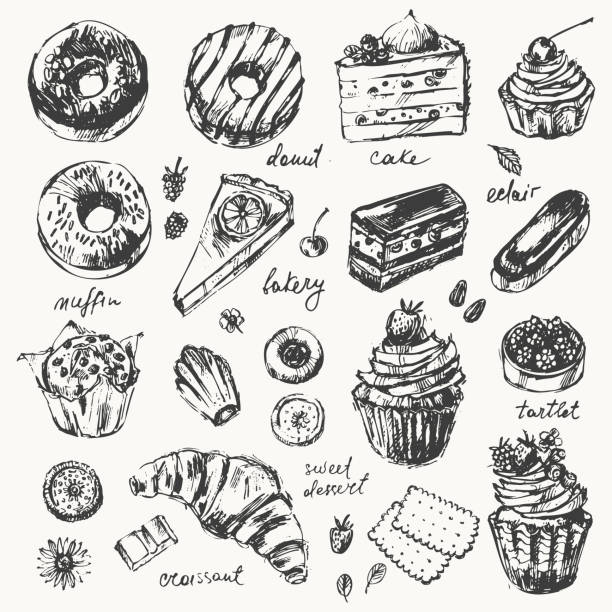 ręcznie rysowany szkic ciasta deserowego, babeczki, pączka, gofru, eklera, rogalika, babeczki, tarty, herbatników - coffee muffin take out food disposable cup stock illustrations