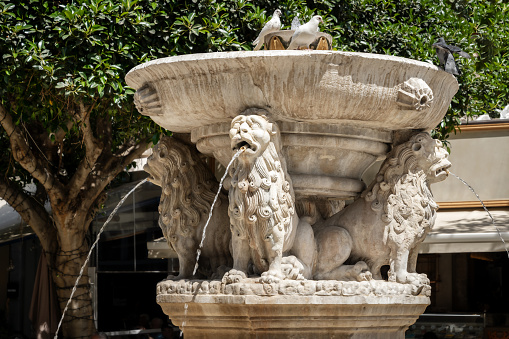 Venetian Morosini Fountain, Lions square in Heraklion, Crete island, Greece.