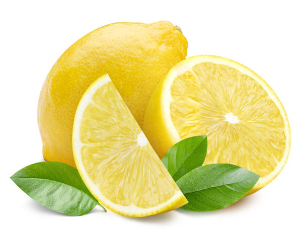 istock Delicious lemons with leaves on white 1409165379