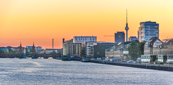 Berlin skyline during sunset with a view of the Oberbaum Bridge and the TV Tower