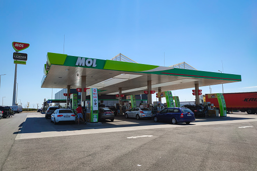 Magyarcsanád, Hungary - July 2022: New gas station of Hungarian oil and gas company \