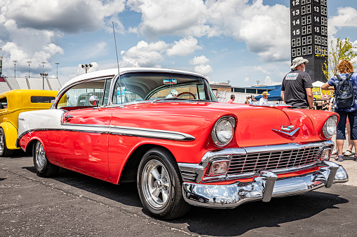 Lebanon, TN - May 14, 2022: Low perspective front corner view of a 1956 Chevrolet BelAir Hardtop Coupe at a local car show.