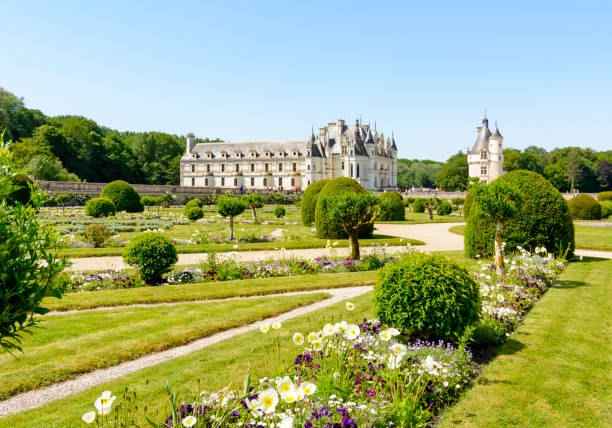 シュノンソー城 (chateau de chenonceau) とロワール渓谷の庭園、フランス - chateau de chenonceaux ストックフォトと画像