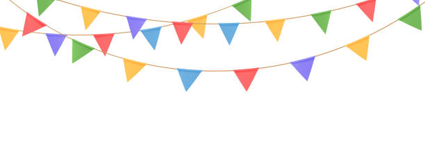 flag triangle garland banner. birthday party decor. welcome bunting background. fair fest event. happy holiday carnival. festive celebration card. anniversary invitation. surprise. vector illustration - celebrate stock illustrations